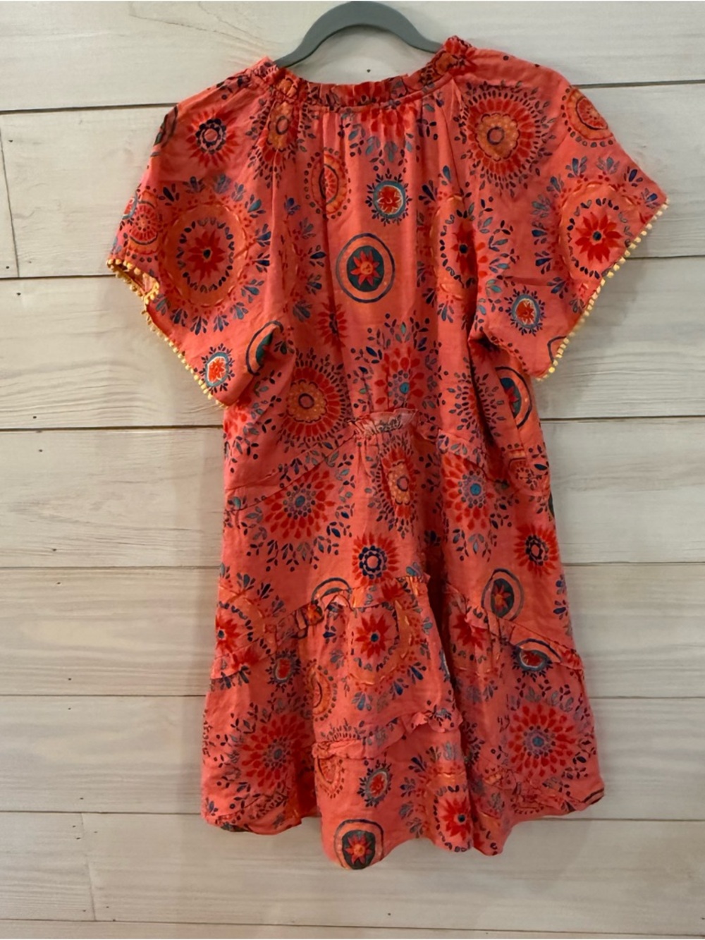 THML Floral Ruffle Mini Dress Small Bright Spring Summer Tiered Boho pom trim - Picture 4 of 11